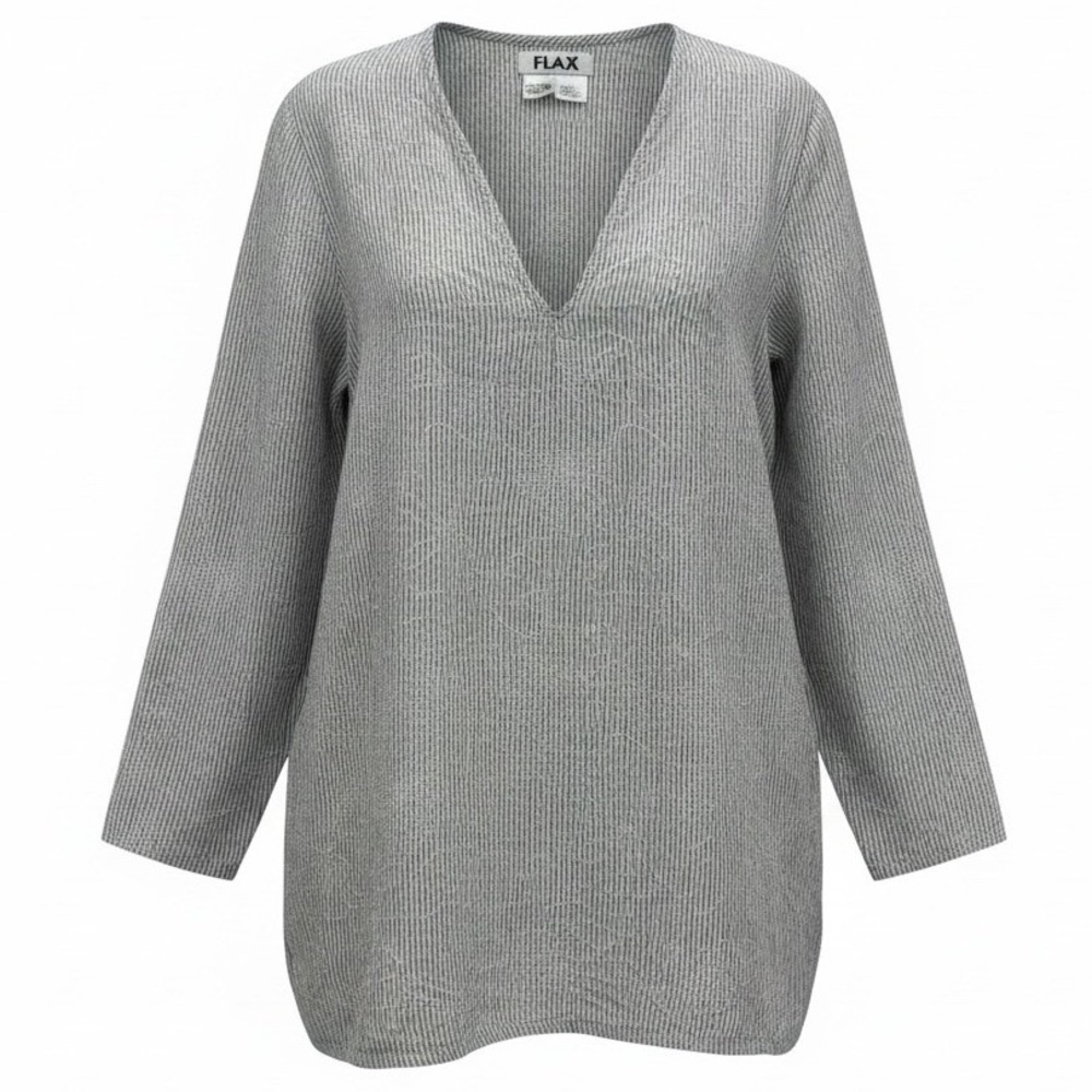 FLAX Linen Tunic Top Womens M Medium Grey Striped Floral Embroidered V-Neck